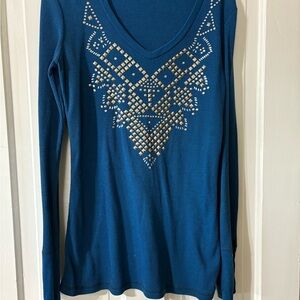 Rock & Roll Cowgirl Teal Long Sleeve Top with Silver Accents